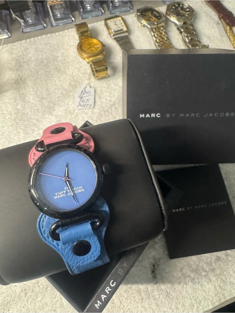 #205 Marc Jacobs Two-Tone Cuff Watch in Blue Dial and Pink Strap